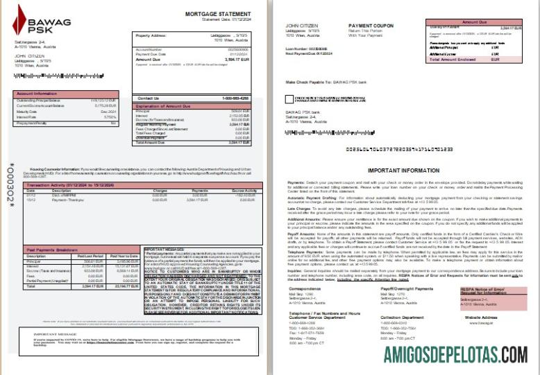 Extrato de hipoteca bancária Áustria BAWAG PSK, 3 páginas, 1 2 Scr exemplo